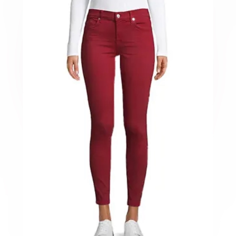 7 FOR ALL MANKIND “THE MID-RISE ANKLE SKINNY" Stretch Jeans In "LIPSTICK RED"